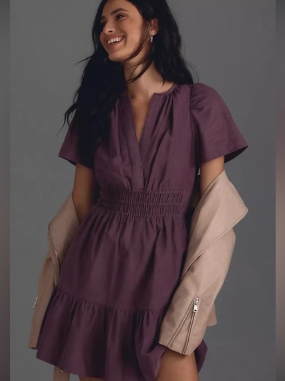 Anthropologie Plum Smocked-Waist V-Neck Mini Dress